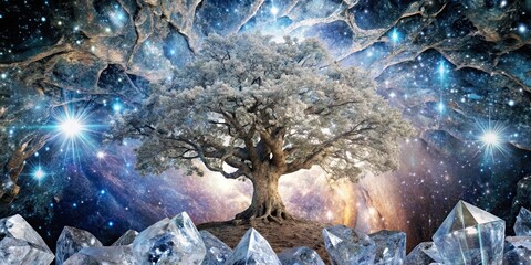 Wall Mural - cosmic treasures image of an ancient tree surrounded by magnificent diamond galaxy crystals , univer