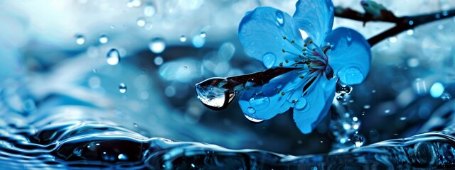 Canvas Print -  A tight shot of a blue bloom on a branch, adorned with water beads on the leaves and petals