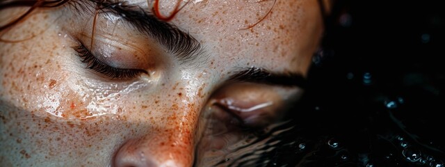 Sticker -  A tight shot of a woman's face adorned with freckles, her expressive eyes in focus