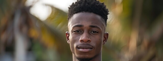 Canvas Print -  A young man with a serious expression gazes directly at the camera, while a palm tree stands prominently in the background