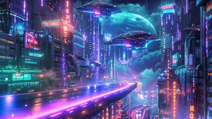 Poster - A futuristic cityscape glows with neon lights as a spaceship flies overhead, Show a futuristic cityscape with neon lights and flying cars