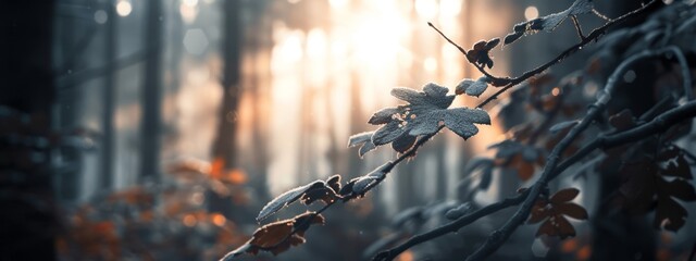 Canvas Print -  A tight shot of a tree branch, adorned with leaves, in front, sun filtering through the trees behind