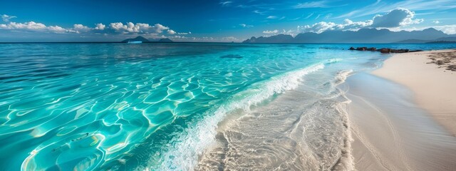 Wall Mural -  A clear blue waterscape featuring a white-sand beach and a nearby island