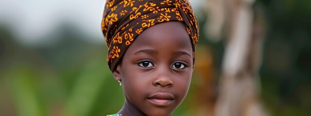 Canvas Print -  A child in a green shirt and brown headband wears a headscarf tightly in this close-up