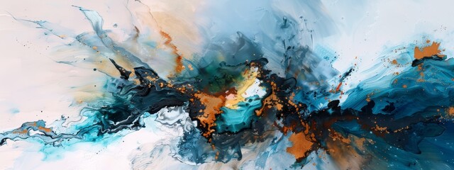 Sticker -  A blue, orange, and white abstract painting on a white backdrop features black, orange, and blue streaks