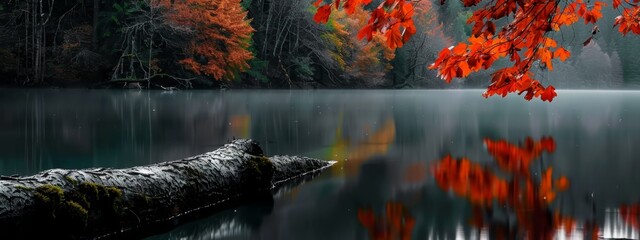 Wall Mural -  A tree branch overhangs a body of water, surrounded by trees bearing orange leaves in the foreground