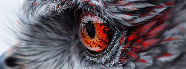 red and black plumage, black and white iris