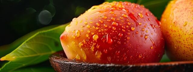 Wall Mural -  A tight shot of two apples in a wood bowl against a backdrop of verdant leaves Water beads decorate their surfaces