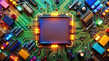 Poster - Circuit board background with colorful electronic components , technology, circuitry, digital, motherboard