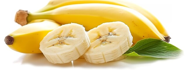 Poster -  Two bananas placed side by side on a white surface, each topped with a long green leaf