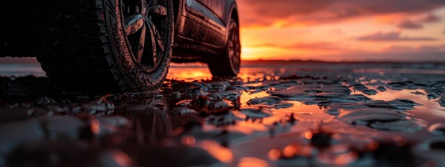 Poster -  A tight shot of a tire on a wet beachfront vehicle, sun setting in the distance