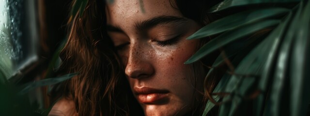 Wall Mural -  A tight shot of a person with closed eyes and a plant before them