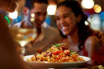 Happy young couple enjoying delicious spicy jambalaya in lively restaurant ambiance