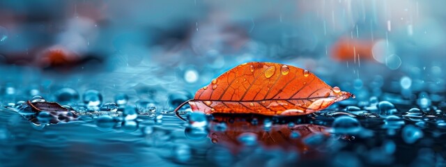 Canvas Print -  A solitary orange leaf atop a water puddle, surrounded by droplets, against a blue backdrop