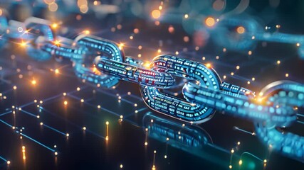 Aufkleber - A chain with glowing lights on top, showcasing an interconnected network of blocks, Show the interconnected network of blocks in a blockchain