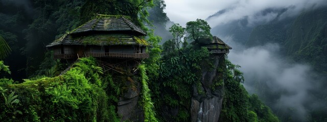 Wall Mural -  A house embedded in a cliffside, enveloped by lush, green foliage, and backed by a foggy mountain