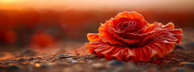  A red flower atop a mound of dirt Nearby, piles of rocks Two red flowers, one atop a dirt mound