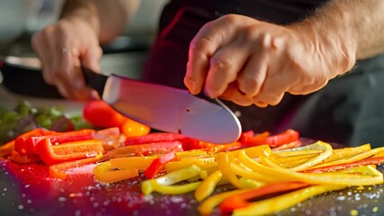 Poster - A person slicing bell peppers into thin strips on a cutting board, Slicing bell peppers into thin strips