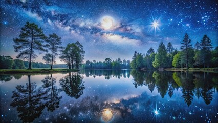 Wall Mural - moonlit lake reflecting stars and surrounding trees, lake, night, moon, stars, reflection, trees, se