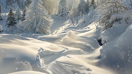 Poster - A snow-covered mountain with trees under cloudy skies in a winter landscape, Snow-covered landscapes with winding ski tracks