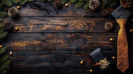 Wall Mural -   A Christmas tree with presents and pine cones on a wooden background featuring a yellow tie and scissors