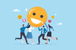 © Nuthawut - Employee satisfaction, workplace happiness or success team motivation, employee engagement or participation, feedback or company survey rating concept, business people employee with smile happy face.