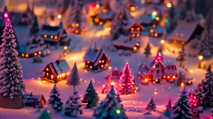 Sticker - A lively Christmas village adorned with numerous trees and colorful lights, creating a festive and joyful atmosphere, Snow-covered village with colorful lights twinkling