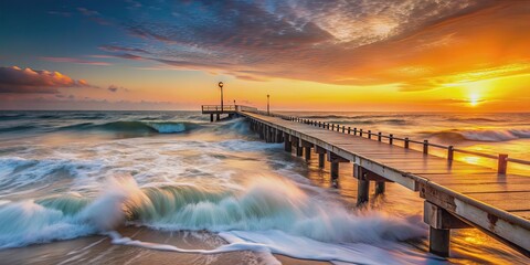 Wall Mural - long exposure shot of surf crashing along a beach jetty at sunset, ocean, waves, beach, sunset, long