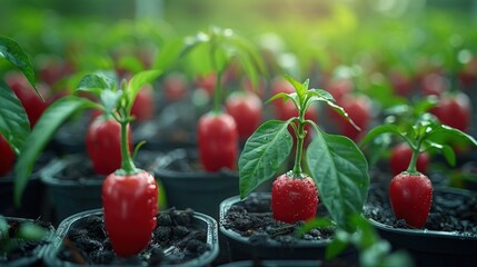 Wall Mural - Close-up of Red Pepper Seedlings in a Greenhouse