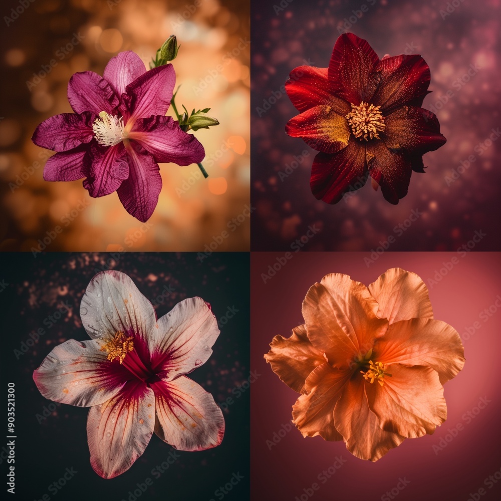 Deep Color Flower Beautiful Close-Up Flowers in Dramatic Lighting with Bokeh Backgrounds ...