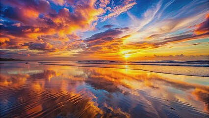 Wall Mural - vibrant sunset colors reflecting on water at the beach , sunset, beach, ocean, dusk, evening, horizo