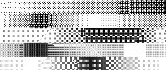 Poster - Glitchy pixelated striped background. Bitmap noise stripe texture. Halftone glitch grunge overlay. Dotted distorted gradient wallpaper for banner, poster, flyer, print, brochure. Vector dither pattern