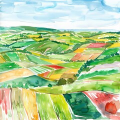 Wall Mural - Watercolor painting of a patchwork of farmlands and fields under a clear blue sky, on isolated white background, Generative AI