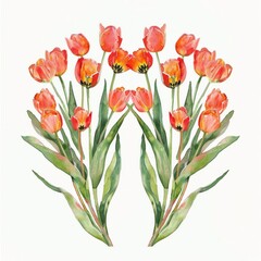 Wall Mural - Watercolor painting of a symmetrical arrangement of tulip fields in bloom during spring, on isolated white background, Generative AI