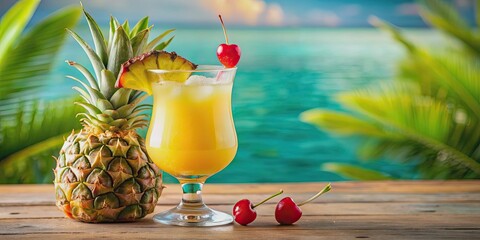 Wall Mural - Refreshing tropical cocktail with a slice of pineapple and cherry, tropical, cocktail, drink, pineapple, cherry, refreshment, summer