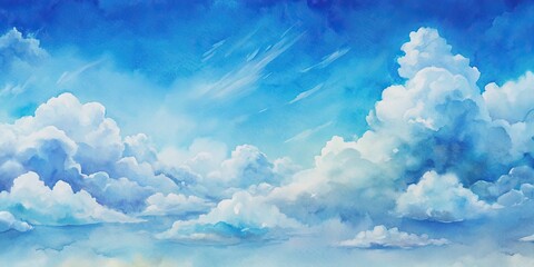 blue sky and fluffy clouds painted in watercolor , watercolor, blue, sky, clouds, painting, art, nat