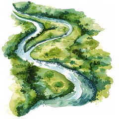 Wall Mural - Watercolor painting of a winding river through lush green landscapes, on isolated white background, Generative AI