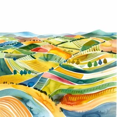 Wall Mural - Watercolor painting of an intricate pattern of agricultural plots in a rural landscape, on isolated white background, Generative AI