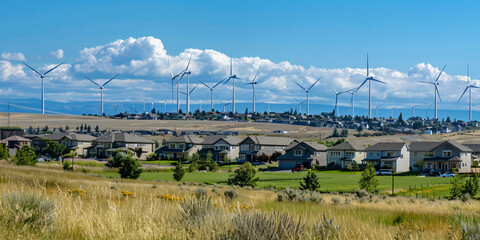 A row of wind turbines stand tall in the distance, overlooking a residential neighborhood with green lawns and houses.