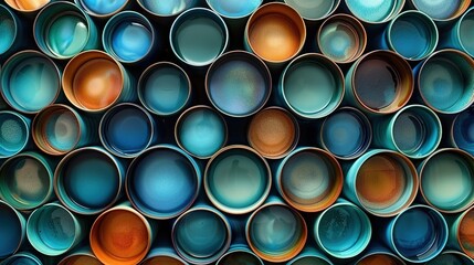 Wall Mural -   A stack of blue and orange plates on a table in front of a wall