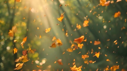 Wall Mural - A bunch of leaves gracefully float in the air, carried by the wind under sunlight filtering through a canopy, Sunlight filtering through a canopy of falling leaves