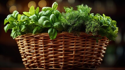 Wall Mural -   A wooden table holds a basket brimming with fresh herbs and a nearby bottle of wine