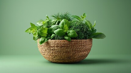 Poster -   A wicker basket holding a green plant on a green background