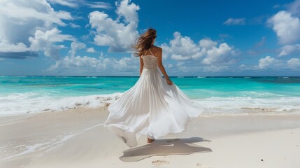 Wall Mural - A woman in a summer dress, standing on a beach with the ocean behind her. Her relaxed stance and the flowing fabric of her dress highlight the carefree and vibrant atmosphere.