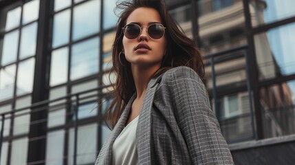 Poster - A woman in a stylish outfit, standing confidently in an urban setting. Her fashionable clothes and confident stance highlight modernity and urban chic.