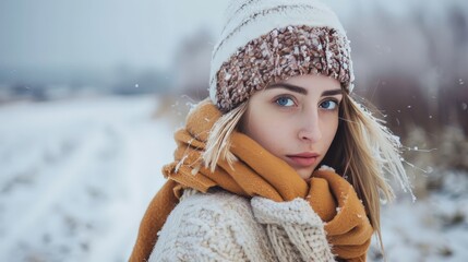 Poster - A woman in winter clothing, standing in a snowy landscape. Her bundled-up attire and serene expression highlight the beauty and tranquility of the winter season.