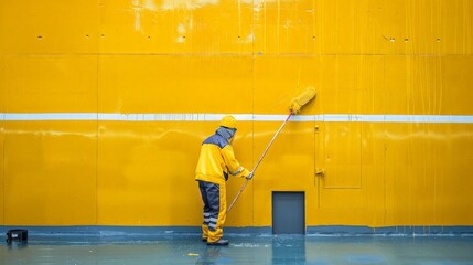 Poster - A worker, fully protected by safety gear, mops down a wall to ensure cleanliness and hygiene. This meticulous task is part of a routine that keeps the workspace safe and sanitary.