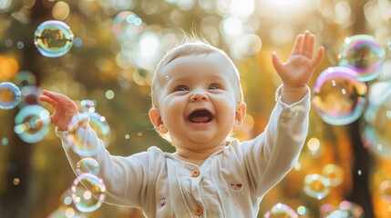 Wall Mural - Capture the excitement of a baby playing with bubbles, their hands reaching out and their laughter filling the air.