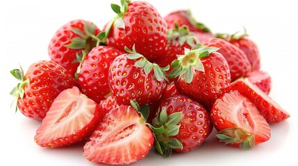 Wall Mural -   Fresh strawberries stacked neatly on a white surface, with one berry perched atop the pile