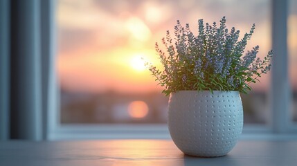 Poster -   A close-up photo of a vase on a table with a plant in front of a window, showcasing a beautiful sunset in the background